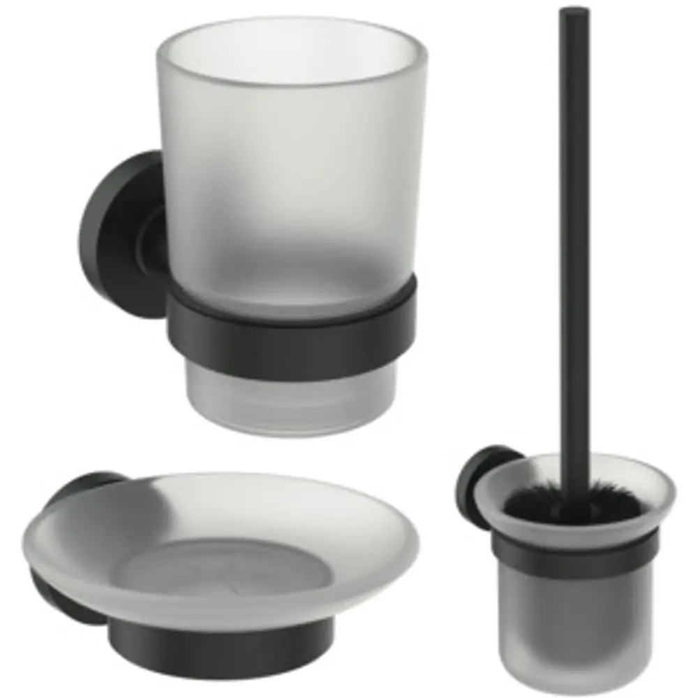 Zubehörset von Ideal Standard mit einer WC-Bürste, einem Mundglas und einer Seifenschale in transparentem Finish mit schwarzen Halterungen.